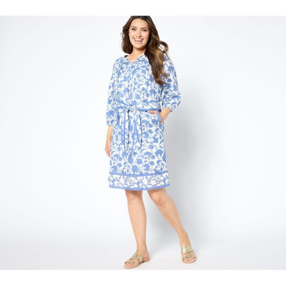 Studio Park Women's Dress Sz S Tall Printed Removable Belt Blue